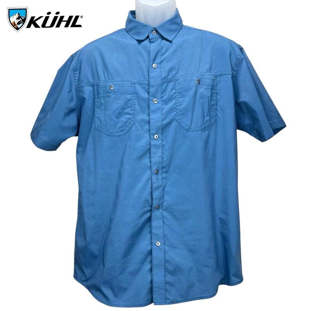Kuhl Men’s Medium Blue Stealth Woven‎ Short Sleeve Button Up Shirt UPF 30+